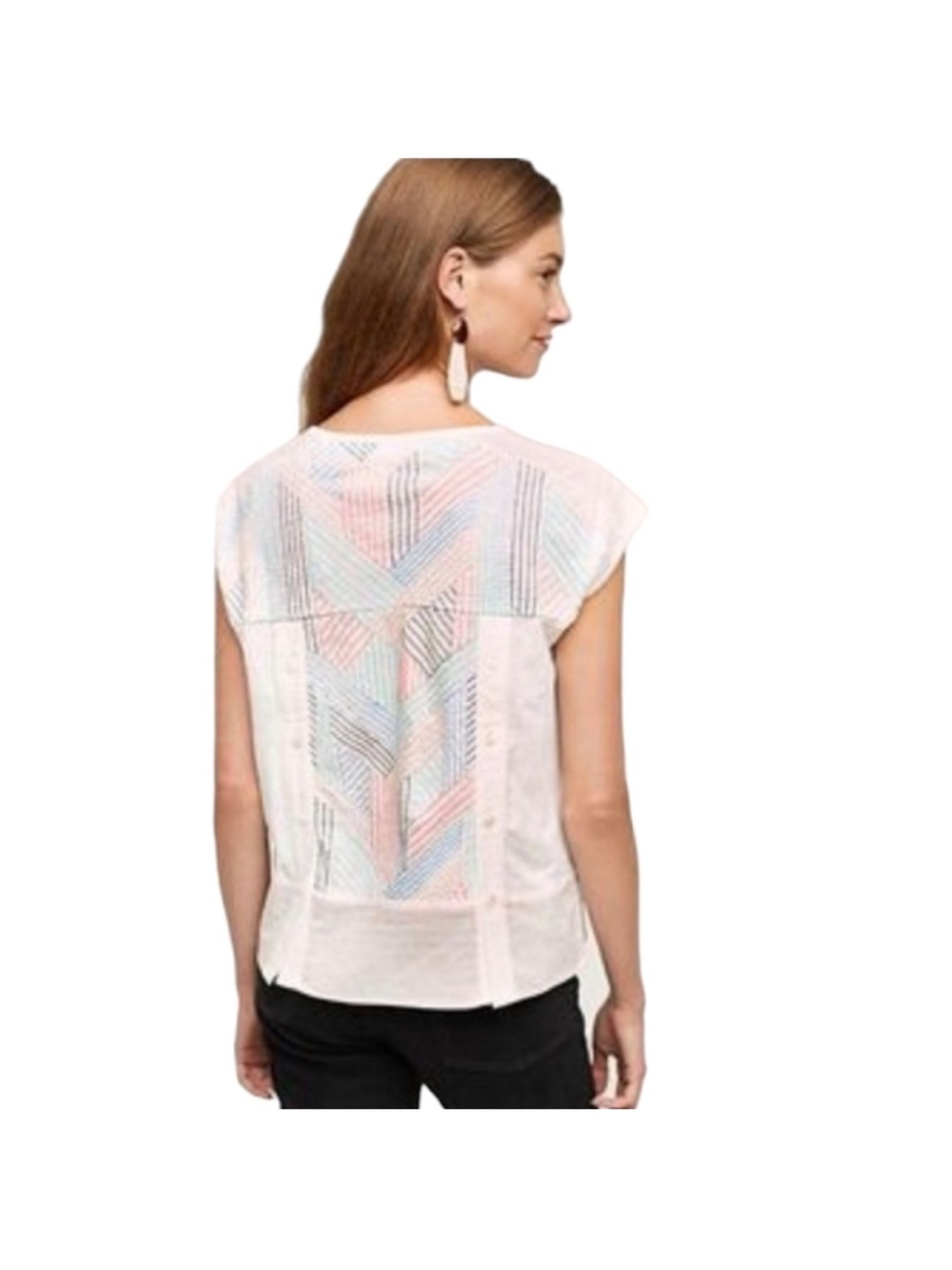 Anthropology embroidered geometric back button oversized shirt - medium petite - Picture 2 of 9